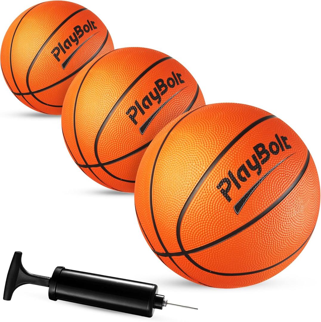 PlayBolt Size 3 Mini Basketballs (3 Pack) - 7-Inch Junior Rubber Basketball Set with Pump - Youth Beginner Kids Basketballs for Backyard Pool Parties, Arcade Games, Practice, Indoor & Outdoor Play (Orange)