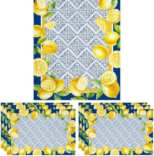 Italy Blue Tiles Lemon Table Runner with 6 Pcs Lemon Placemats Decor Yellow Summer Table Runner for Kitchen Dining Decoration Home Indoor Outdoor Holiday Party Supplies Housewarming Gifts, 13x72 Inch