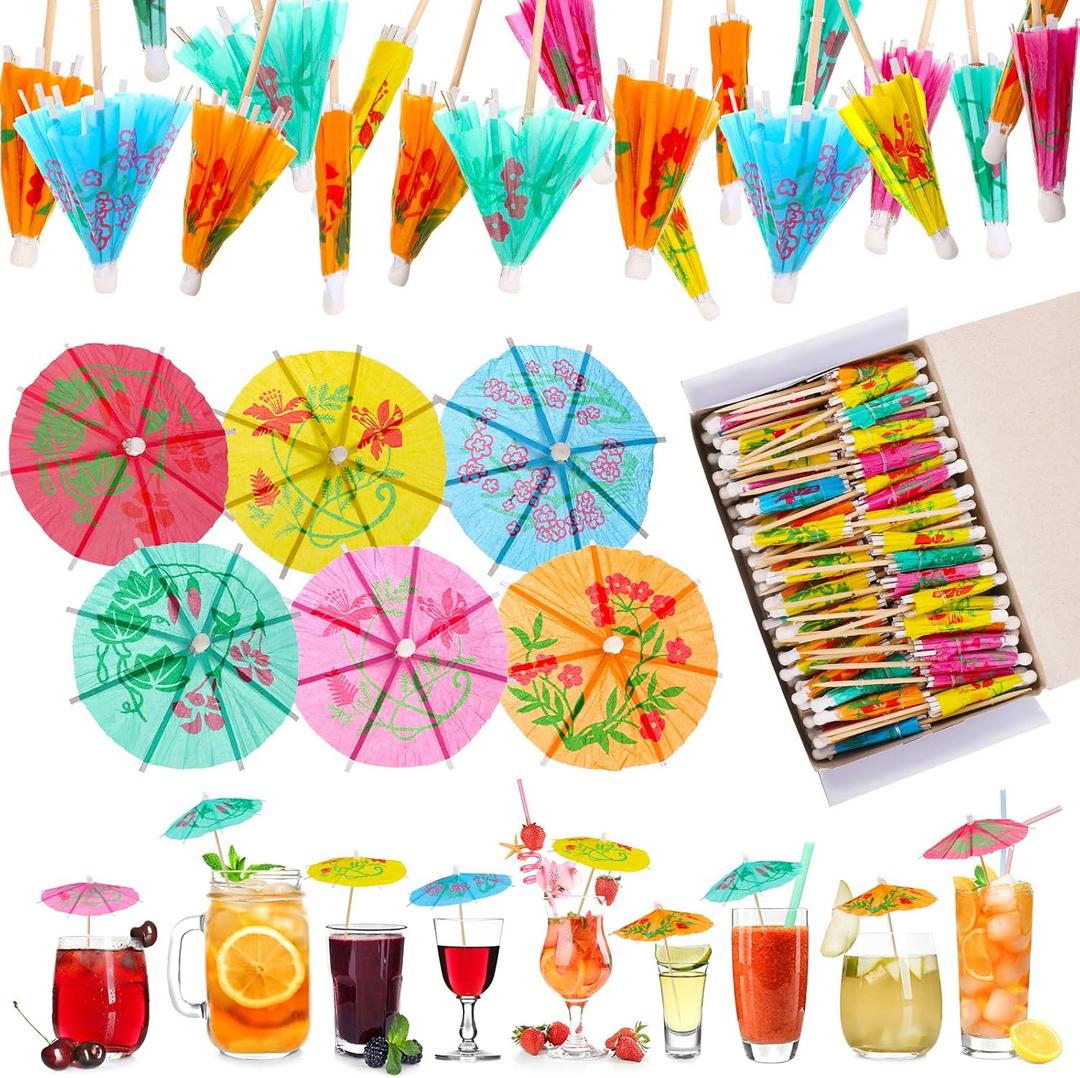 Patelai 1000 Pcs 4 Inch Mini Paper Cocktail Umbrella Picks Assorted Tropical Colors Decorative Drink Toppers for Tiki Luau Hawaiian Beach Party Decorations