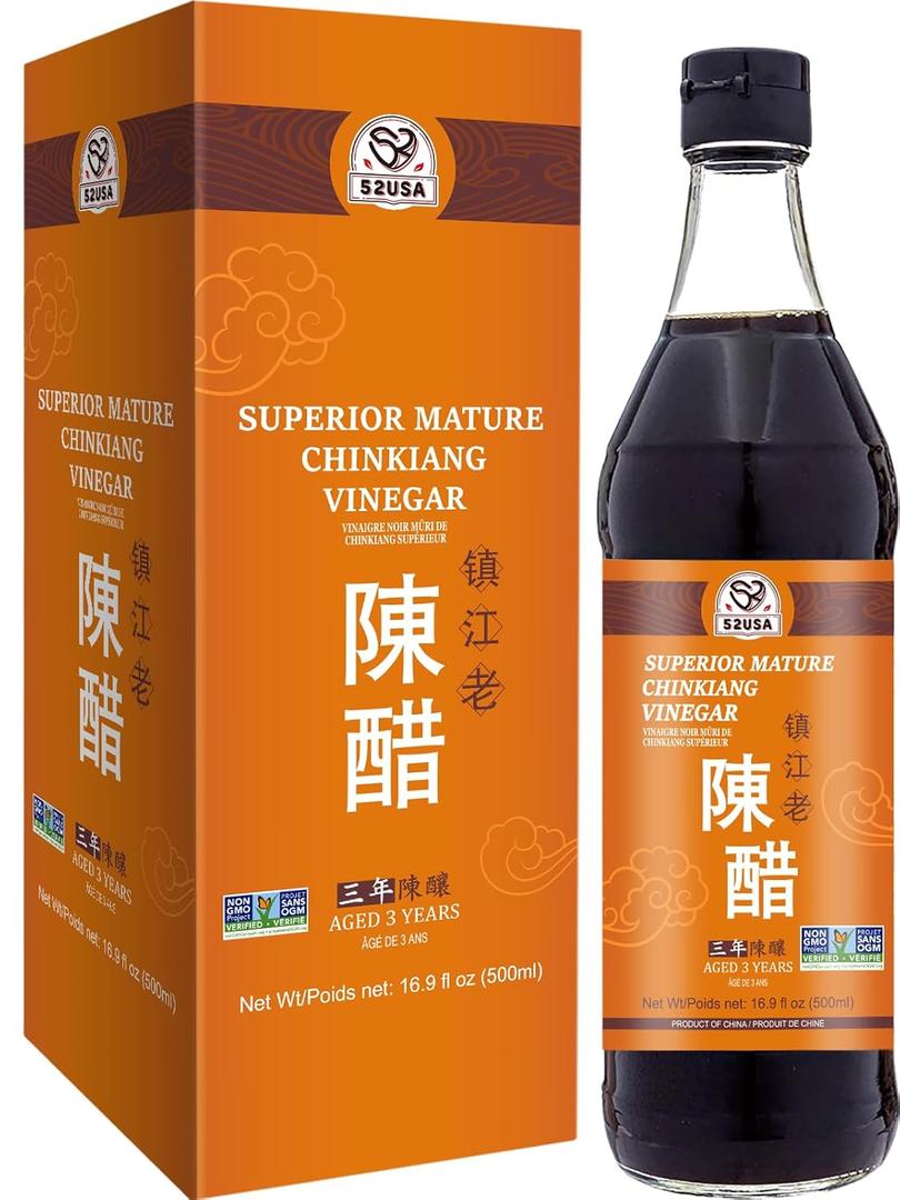 52USA Chinese Black Vinegar 16.9 fl oz (500ml), 3 Years Mature Aged Black Rice Vinegar, Chinkiang Vinegar, Zhenjiang Vinegar. Non-GMO Project Verified Vinegar (EXP 07/01/27)