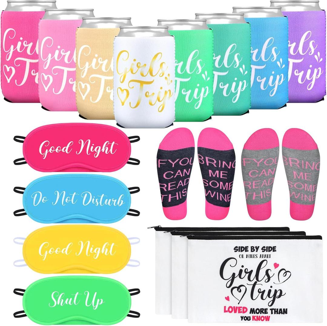 Tisancy 32 Pcs 2026 Girls Trip Gifts Favors Set Include Girls Trip Eye Mask Can Sleeves Socks Travel Makeup Bags for Women Girl Weekend Bachelorette Travel Vacation Party Favors