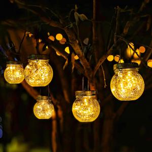Cooo 2 Pack Crackle Glass Solar Lantern with 30 LED Firefly Lights Waterproof Outdoor Hanging Lamp 215% Larger Solar Panel, Anti-Rust Lids Decorative Lighting for Garden Patio Table