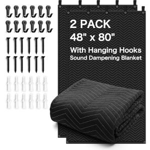 2-Pack Acoustic Moving Blankets, 48 x 80 in, Sound Dampening, 5 Hooks Included
