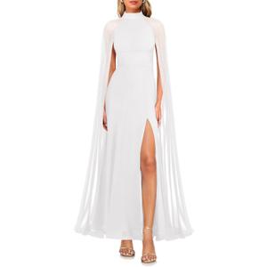 MAYFASEY Women's Elegant Long Sleeve Halter Neck Sexy Split Cocktail Evening Party A Line Maxi Long Formal Dress with Cape (Medium, White)