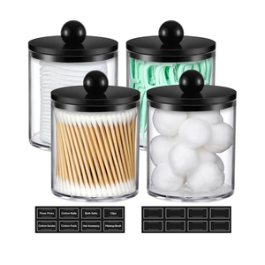 4 Pack Acrylic Qtip Holder Dispenser for Cotton Swabs, Balls, Pads, Floss - Plastic Canister Apothecary Jar Set, Bathroom Essentials Accessories Decor Vanity Makeup Storage Organizer - Clear & Black