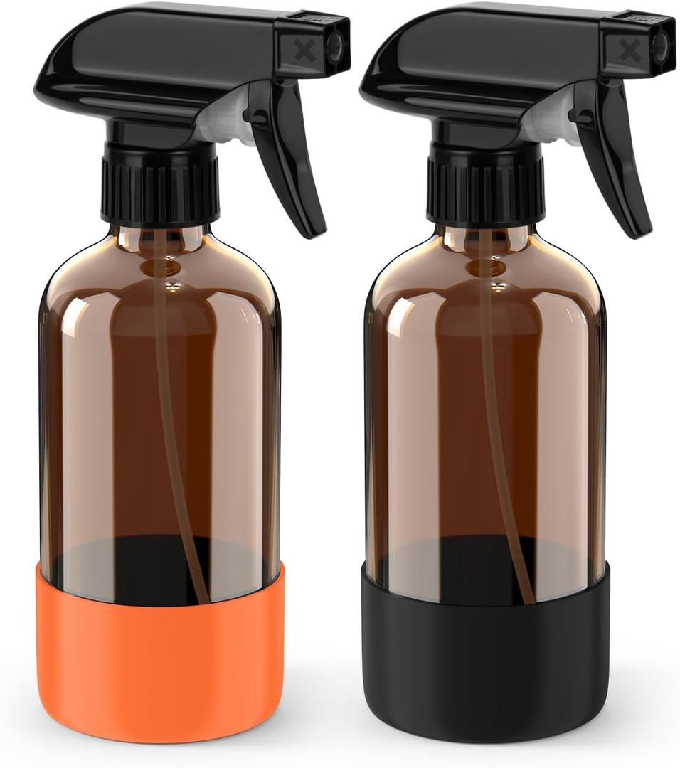Bontip Glass Spray Bottle with Silicone Sleeve Protection, Amber Glass Spray Bottle Set for Window Cleaner Aromatherapy Facial Hydration Watering Flowers Hair Care 2 Pack/8 oz (Black & Orange)
