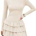 ZESICA Womens Long Sleeve Bodycon Mini Dress Ribbed Knit Crew Neck Ruffle Tiered Flowy Cocktail Party Dresses (Small, Apricot)