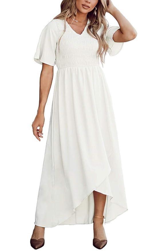 Zattcas Womens 2023 Smocked Maxi Dress Short Sleeve Vneck Casual Summer High Low Flowy Long Dress, White, Medium