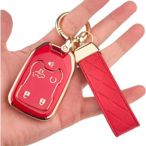 OLLEN 5-Button TPU Key Fob Cover, Fit for GMC Acadia 2017-2025, for Terrain 2018-2025, Fit for Sierra 2019-2025, for Chevy Silverado 2019-2022, Full Protection Soft TPU Key Case, with Keychain, Red