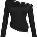 BEAUDRM Women's Plus Size Off Shoulder T Shirt Y2k Grommet Eyelet Long Sleeve Going Out Crop Tops (Black, L)