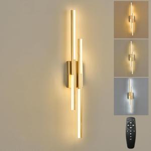Benkut Modern LED Wall Sconce Gold Remote Wall Light Fixtures for Bathroom, Dimmable Vanity Light Indoor LED Remote Wall Sconce for Living Dining Room Bedside Bedroom (3000-6500K 35.4inch)