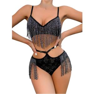 SweatyRocks Women's Fringe Cut Out Lace Bra and High Waist Panty Sets 2 Piece Sexy Lingerie (Black, L)