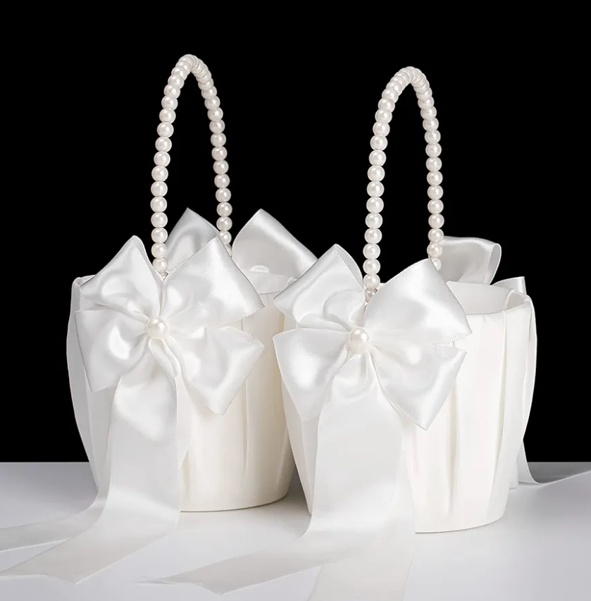 Flower Girl Baskets for Wedding,Ivory Flower Girl Basket With Pearl Handle set of 2,Wedding Baskets for Flower Girls