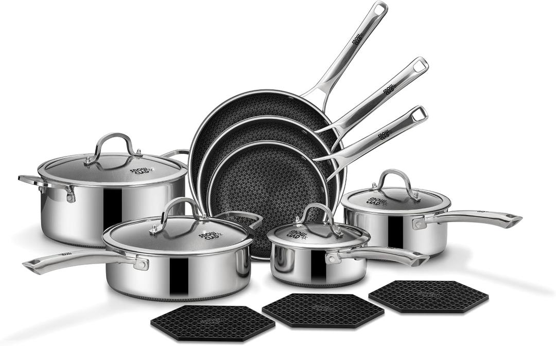 SNOWCLAD Pots and Pans Set Non Stick | Stainless Steel Kitchen Cookware, 14pc