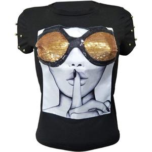 PESION Womens Short Sleeve T-Shirt Sequined Tops O-Neck Funny Graphic Tees Blouse (Small, Black1)