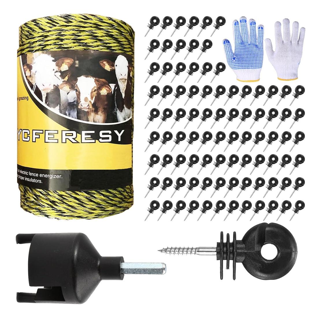Upgraded Electric Fence Poly Wire 656 Feet 200 Meters and 100 Pcs Black Electric Fence Insulator Screw-in Insulator Fence Ring Wood Post with 1 Pcs Insulator Socket Tool