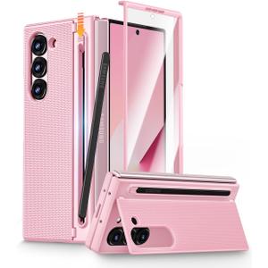 Caka for Galaxy Z Fold 6 Case with S Pen Holder Slot Hidden Kickstand Front Screen Protector Wireless Charging Slim Phone Case for Samsung Galaxy Z Fold 6, Pink