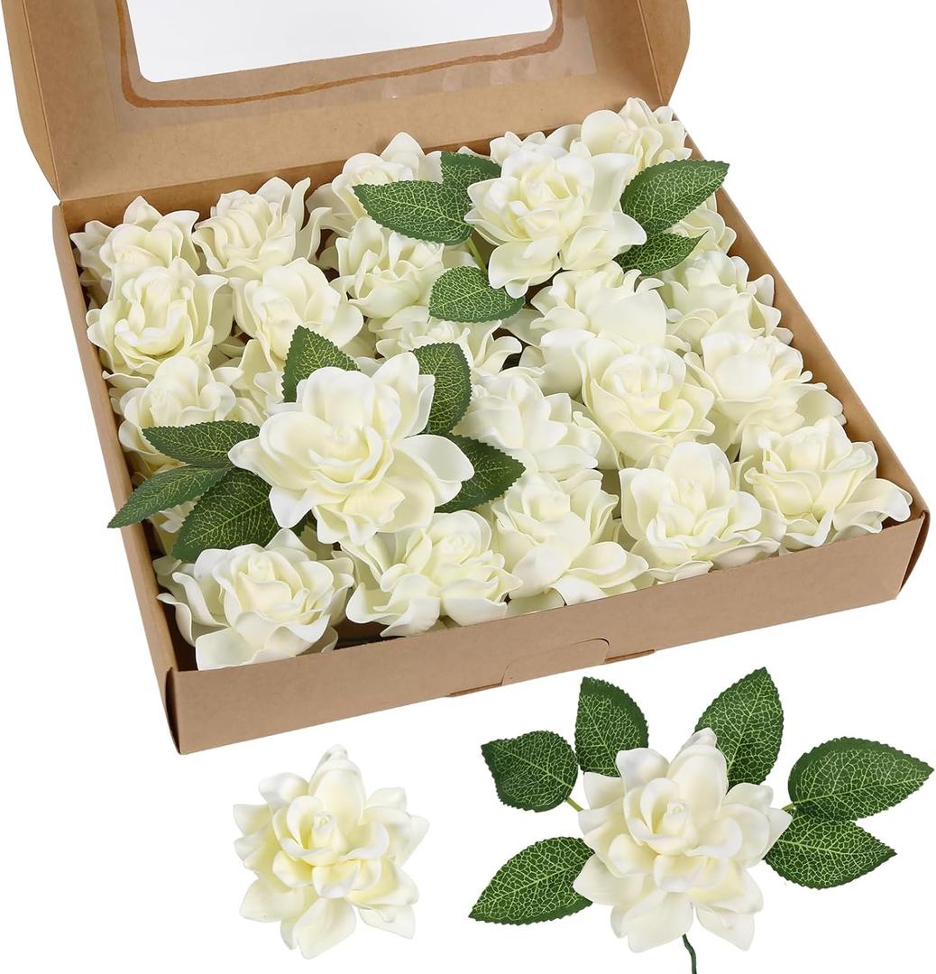 IPOPU Artificial Gardenia Flowers 25PCS 3.15 Ivory Artificial Foam Roses Bulk Fake Flower Heads With Stems For DIY Wedding Bouquets Party Home Centerpieces Decor(Ivory)