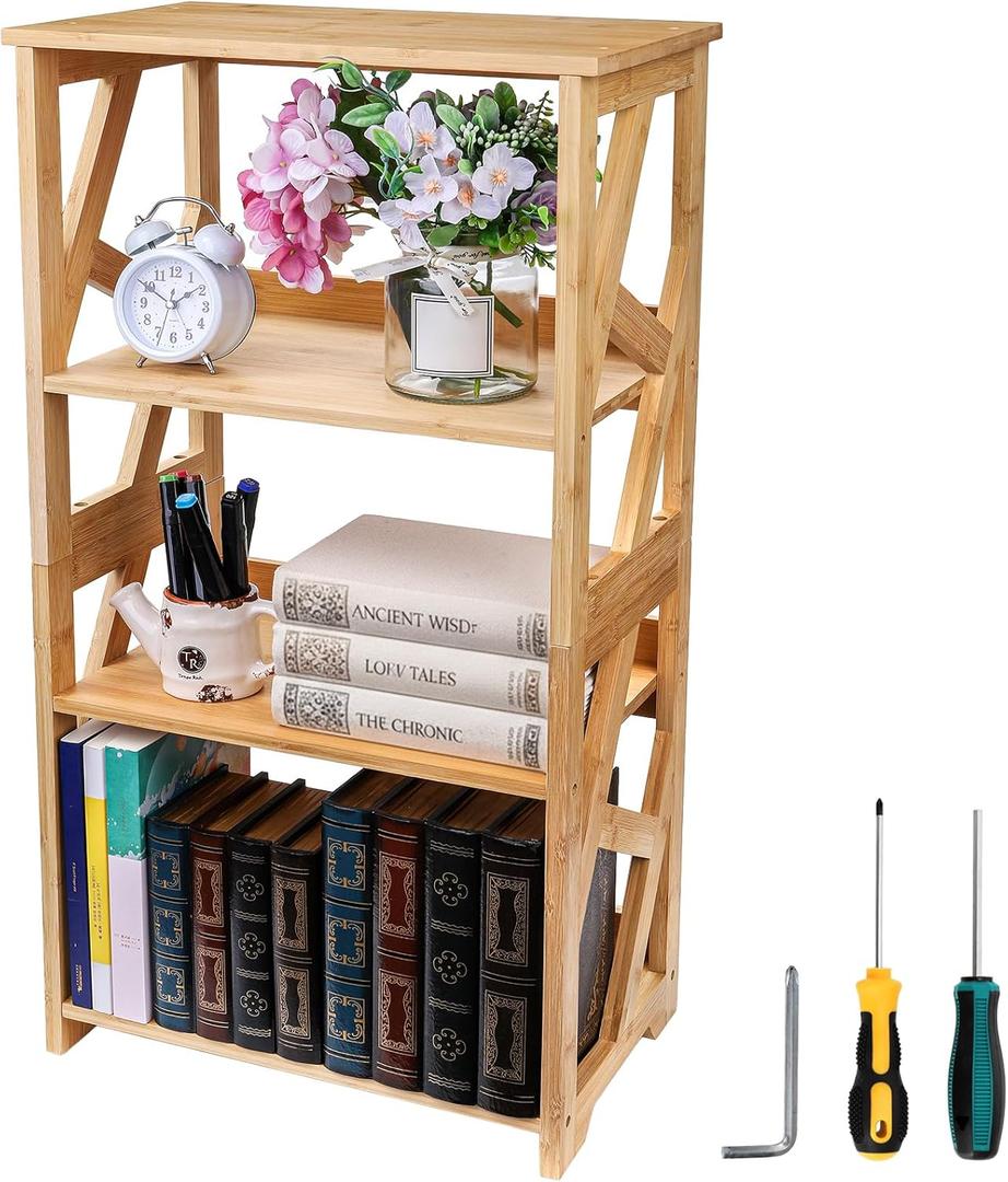 Hedume Bookcase, 3-Tier Open Shelf Bookcase, Small Bamboo Bookshelf, Bamboo Natural Shelving, Book Organizer Storage Open Shelf Rack, Display Shelves for Bedroom, Living Room, Office, Bathroom