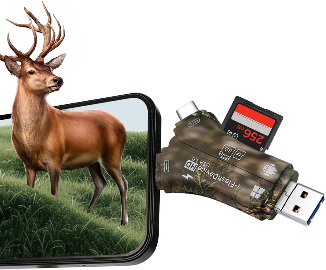 Crenova Trail Camera Viewer, 4 in 1 SD/TF Card Reader, Plug N Play Game Cam Reader for Checking Wildlife Photos Videos, Compatible for Android/iPhone/Type-C/USB, Ideal for Photographer