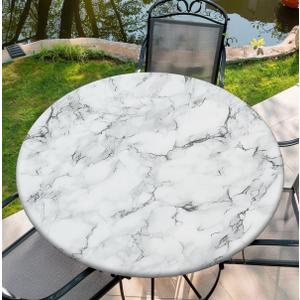 Waterproof Tablecloth with Elastic Tablecloth for Round Tables 36"-70" for Indoor Outdoor Patio Use, 52Inch, White and Gray Marble