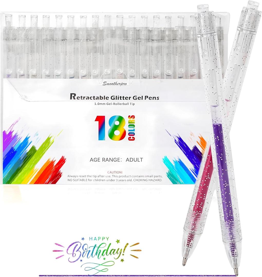 SMOOTHERPRO Glitter Retractable Gel Pens 18 Colors Metallic Colored Gel Pen 1.0 mm Bold Silver Glitter Gel Ink for Adults Coloring Journaling Drawing Doodling (GRP018N)