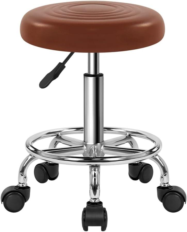 PU Leather Stool with Wheels Modern Round Rolling Stool with Footrest 360Swivel Height Adjustable Stool Chair for Home Work Drafting Spa Salon Massage Beauty Stools Small (Brown)
