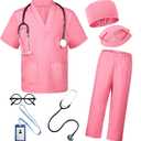 BOMLY Doctor Costume for Kids 7Pcs Toddler Nurse Scrubs Set With Halloween Dress Up Costumes for Boys and Girls (5T-6T, Pink)