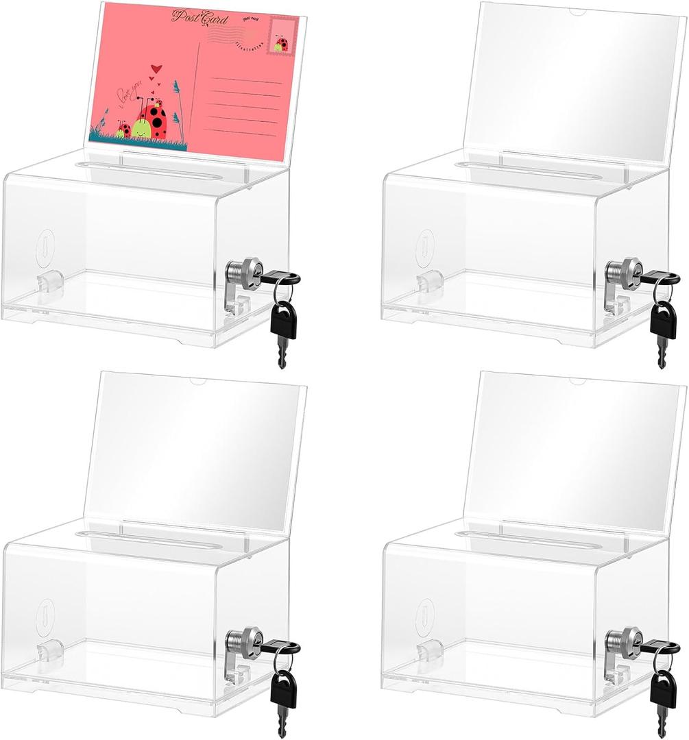 4 Pcs Donation Box, Clear Acrylic Raffle Ticket Boxes with Slot Tip Box with Lock and Sign Holder Suggestion Ballot Boxes for Fundraising Donation Voting Raffle Secure Storage, 6.1'' x 4.3'' x 3.8''