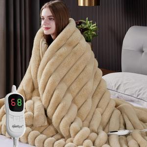 Heated Throw Blanket, Faux Fur Cozy Heating Blanket with Overheat Protection, 1/2/4/6/8 Hours Auto-Off 10 Heat Level, Machine Washable (50x60 Inches, Beige)