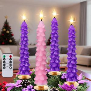 Enhon Flameless Advent Candles Set of 4, 10 Real Wax LED Taper Candles for Advent Wreath, Realistic 3D Flames, Battery Operated, Remote Control, Flickering Candle for Christmas Church Celebration (Purple, Pink)