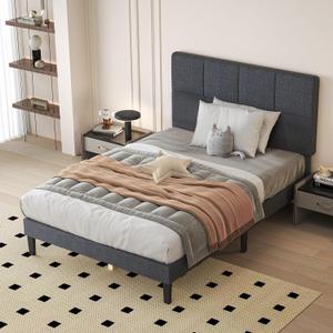 DUMOS Twin Bed Frames with Headboard, Wooden Twin Platform Bed No Box Spring Needed, Fabric Upholstered Bed Frame with Adjustable Headboard, 800LBS Support,Noise Free, Dark Grey