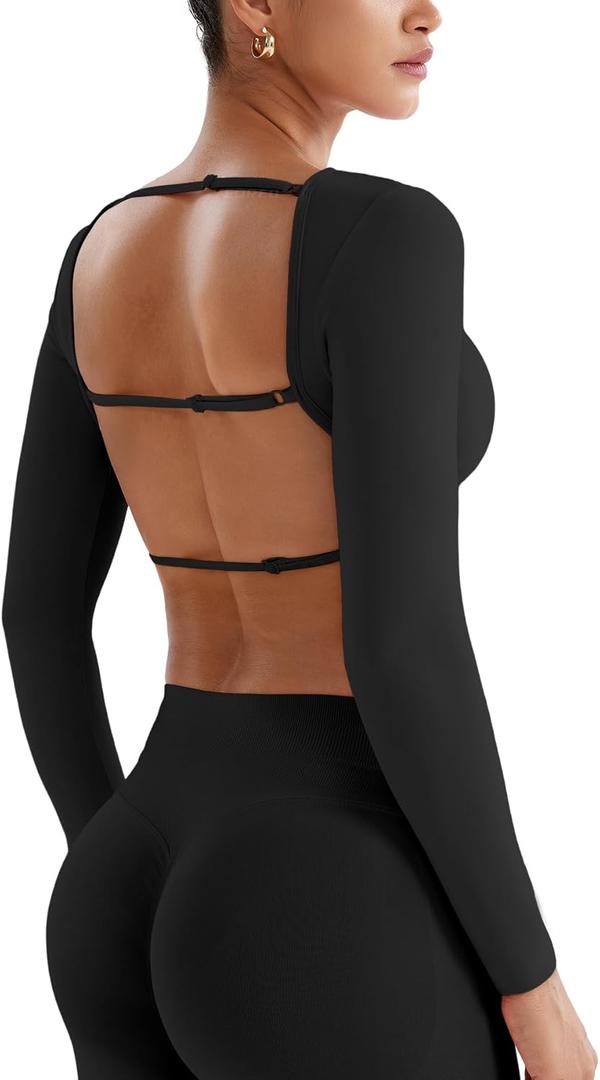 YEOREO Villay Women Sexy Backless Long Sleeve Adjustable Straps Seamless Going Out Tops Crewneck Open Back Y2K Crop Stretch (Small, Black)