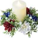 4th of July Candle Rings Artificial Flower Wreath Red Blue White Patriotic Candle Holder 9.84" Tables Centerpieces Home Farmhouse Decor for Independence Day Memorial Day