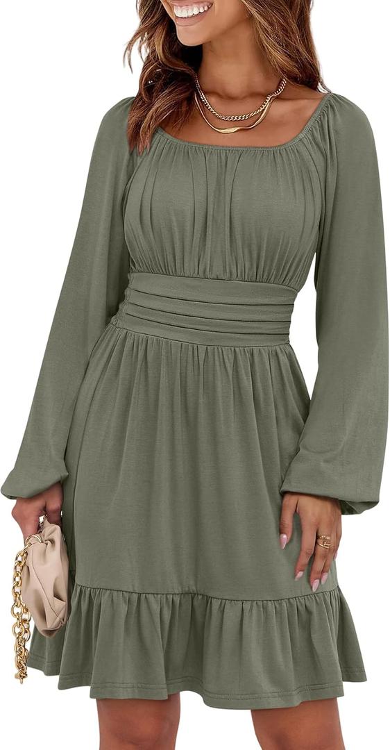 ANRABESS Womens Dress Long Lantern Sleeve Square Neck Elastic Waist Ruffle Flowy Swing A-Line Short Dresses 2025 Fall Fashion, Size: X-Large