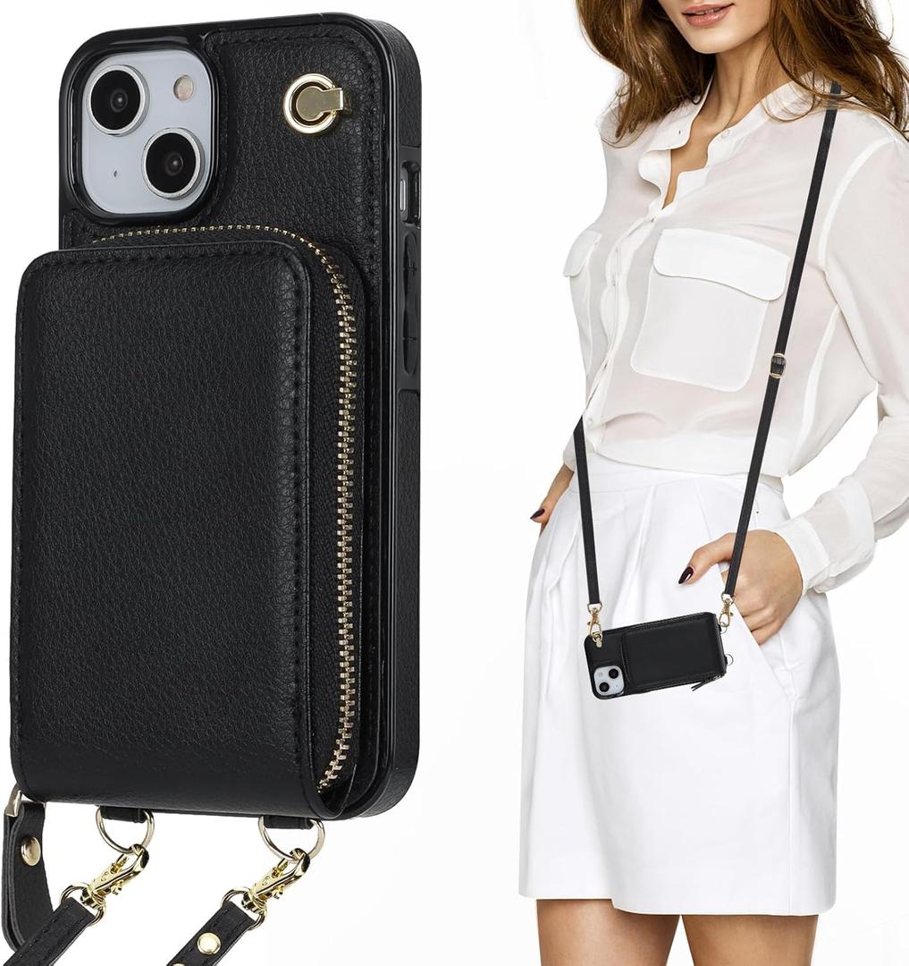 KIHUWEY Crossbody Wallet Case for iPhone 13 iPhone 14, Zipper Pocket Case with Card Holder, PU Leather RFID Blocking Protective Cover Case with Kickstand Detachable Wrist Strap Lanyard 6.1" (Black)