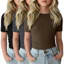 LessonZoo 3 Pack Girls Cotton Cute Tops Short Sleeve Ribbed Tween Shirts Basic Slim Fit Casual Summer Tee for Kids Ages 5-14(Black, Dark Gray, Brown,7-8 Years)