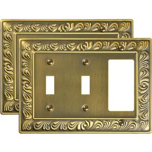 2-Pack Combo Double Toggle/Single Decorator Outlet Cover Plate, Paisley Pattern Decorative Switch Plates and Outlet Covers, 4 Gang Antique Brass Metal Wall Plates, Corrosion Resistant