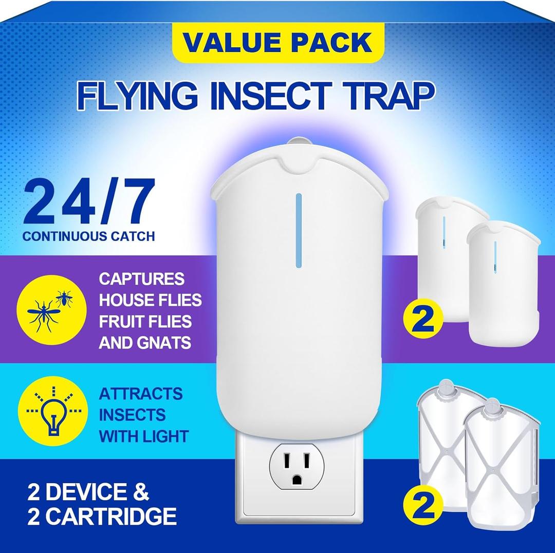 2 Flying Insect Traps & 2 Cartridges - Compatible with M364A Refill - Plug in Fruit Fly Trap for Indoor - Bug Catcher for Gnats, House & Fruit Flies - Use in Any Room (2 Device & 2 Cartridges)