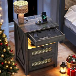 Night Stand with Gun Drawer, Bedside Table with Charger Station & LED Human Sensor Light, Gun Nightstand End Tables Bedroom Living Room, Rustic