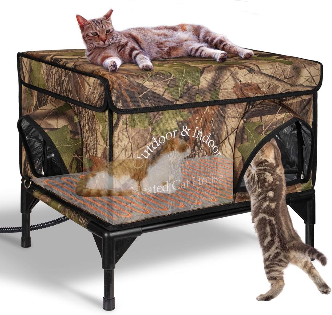 Heated Cat House for Outside Cat in Winter, Insulated Outdoor Feral Cat Shelter with Cat Heating Pad, 2 Doors,Elevated Waterproof Heated Kitty House (Camouflage, 21.5"x16.5"x18")