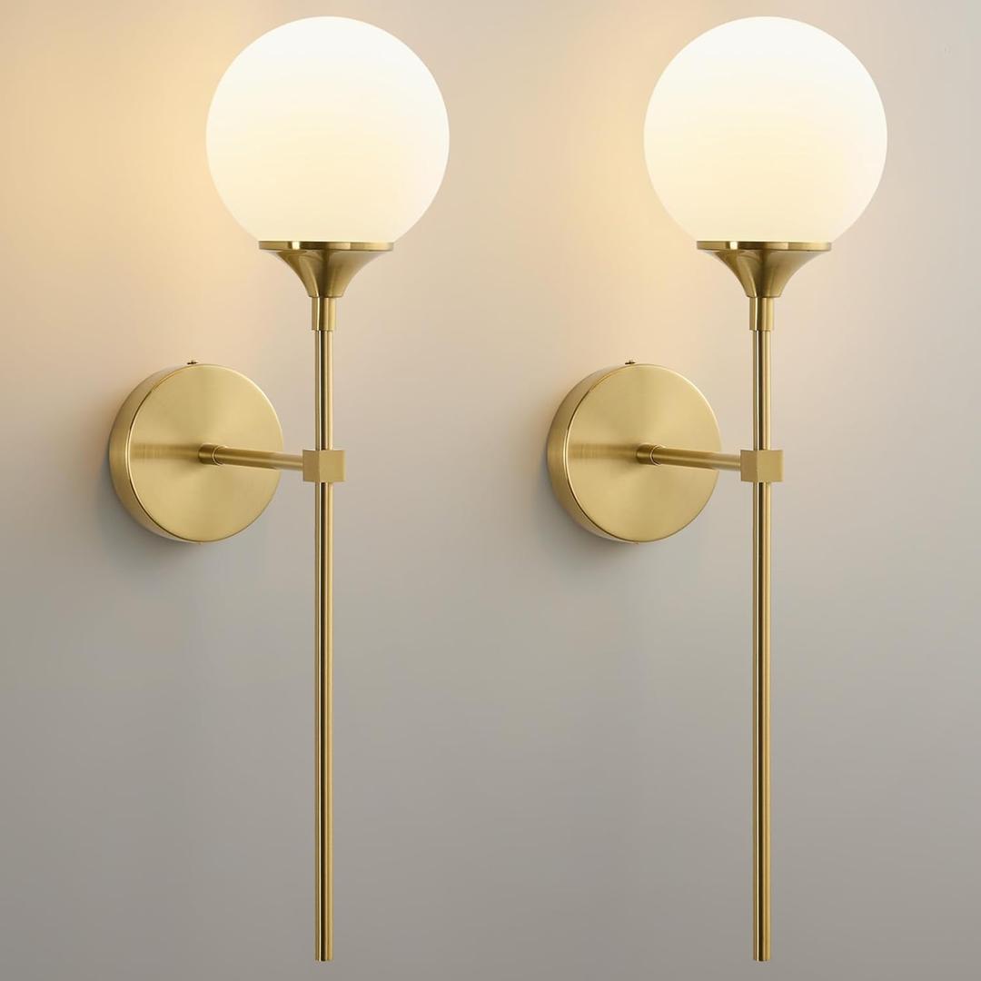 Mid Century Globe Wall Sconce - Set of 2 Modern Milk Glass Round Sconces - Brushed Brass Gold Light Fixtures with Dimmable Bulbs - Ball Indoor Lighting for Bathroom Bedroom Living Room Vanity Decor