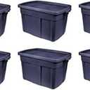 Rubbermaid Roughneck Tote 18 Gal, 6 Pack, Made in USA, Dark Indigo Metallic, Rugged Plastic Stackable Storage Bins with Lids and Handles
