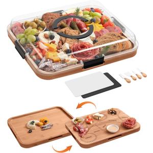 Charcuterie Board with Lid, 2-in-1 Bamboo Cheese & Cutting Board with Engraved Guide, Covered Snack Serving Tray, Includes 2 Plastic Cutting Mats & 4 Cheese Knives, Charcuterie Accessories Gift
