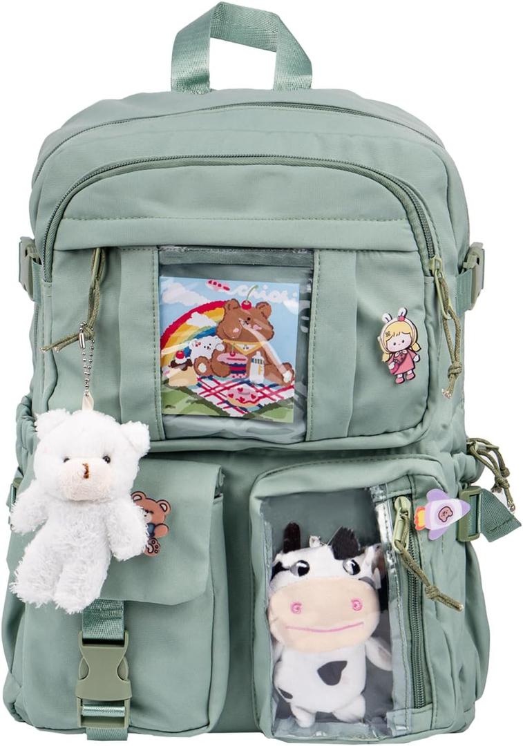 Kawaii Backpack for Girls, Cute Aesthetic Backpack with Pin Accessories Plush Pendant for School Girl Bookbag (Green)