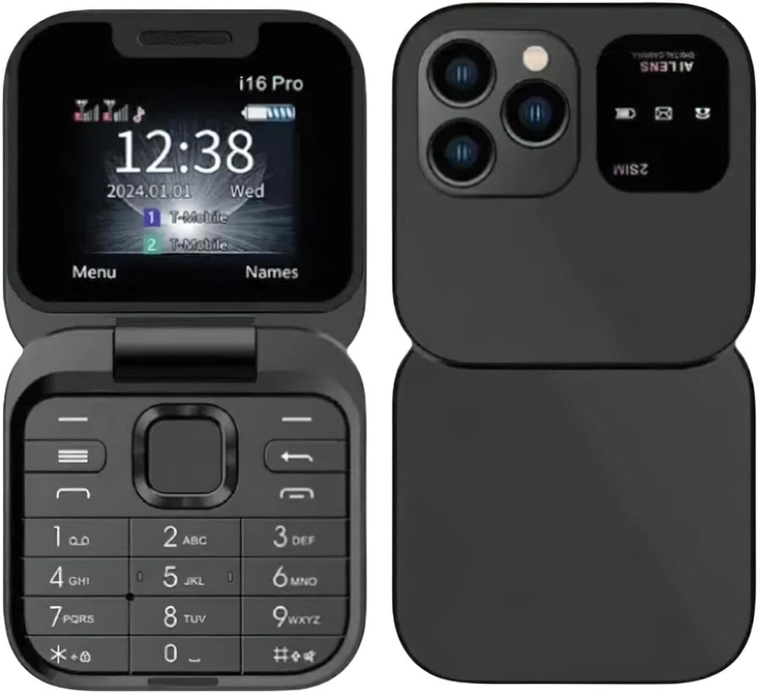 I16 Pro Mini Flip Phone, 1.77 Inch HD Display, Dual SIM 2G GSM, Foldable Design with Big Buttons, FM Radio, 32MB RAM, for Seniors Black (Black)