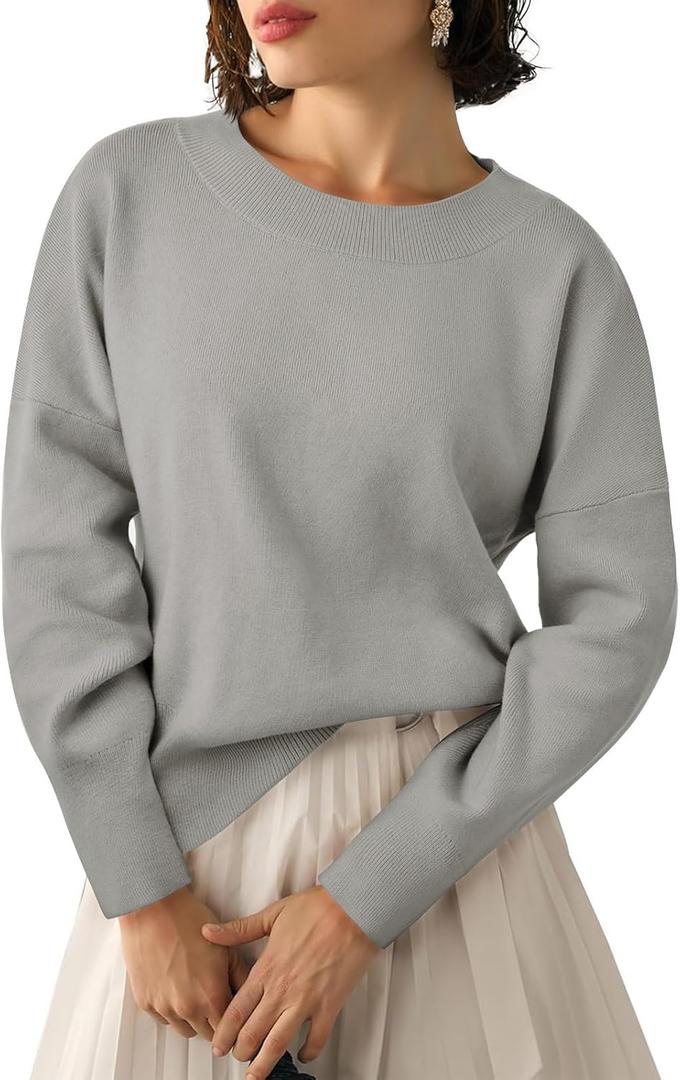 Yousify Womens Crewneck Knit Sweaters Casual Long Sleeve Loose Fit Fall Basic Soft Pullover Jumper Tops (Gray)
