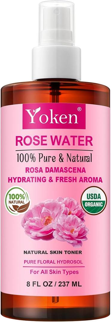 Yoken Organic Rose Water Spray for Face, 8 Fl Oz Fine Mist, Rosewater Face Mist with 100% Pure & Natural Rosa Damascena Rose Hydrosol, USDA Certified Organic, Alcohol Free, Vegan, No Dyes