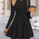 ZESICA Womens Long Sleeve Mini Dress 2026 Fall Crewneck Pleated Babydoll A Line Flowy Wedding Party Short Dresses (Black, L)