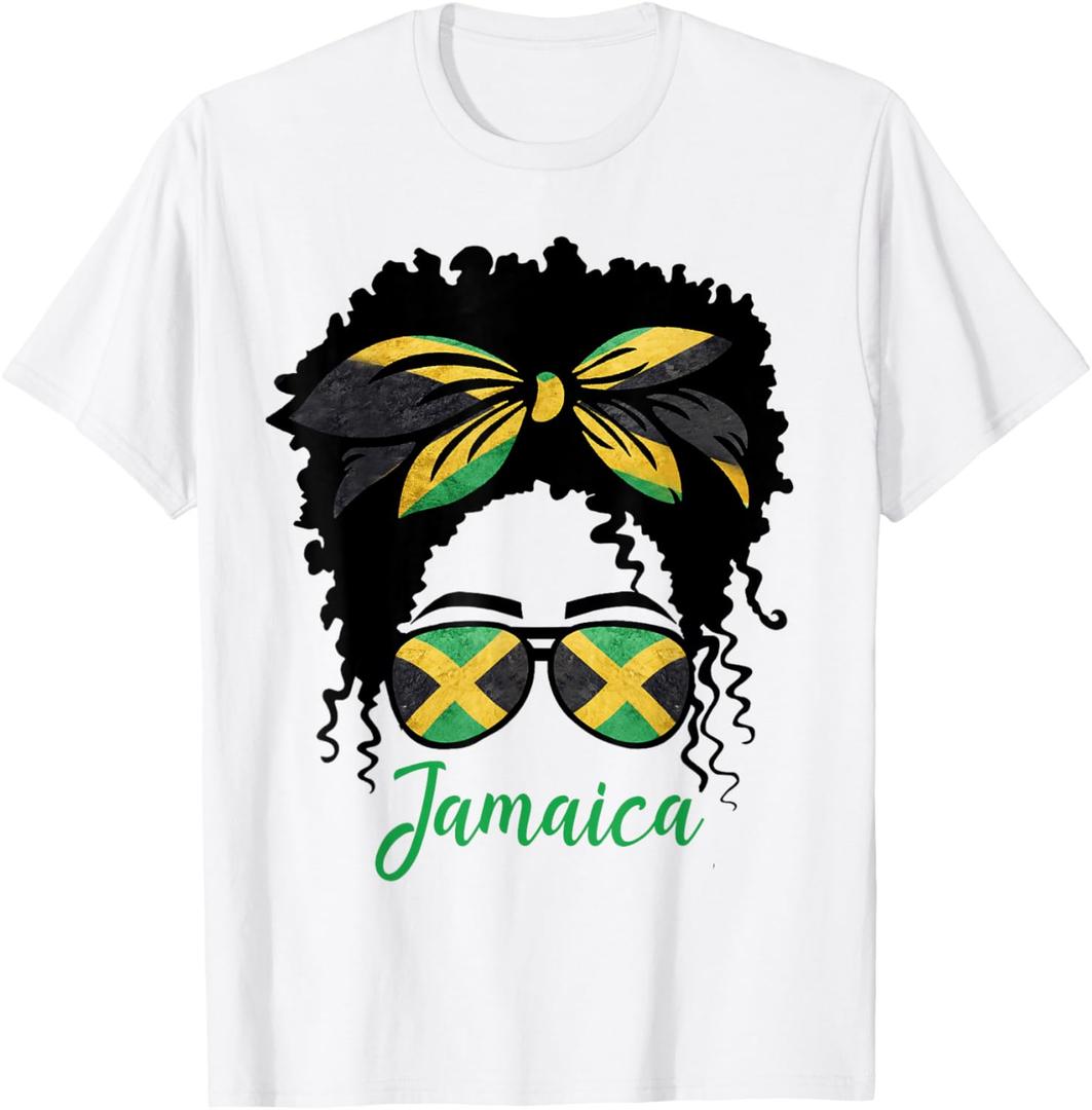 Jamaican Girl Jamaica Flag Pride Black Woman Afro Messy Bun T-Shirt 2XL